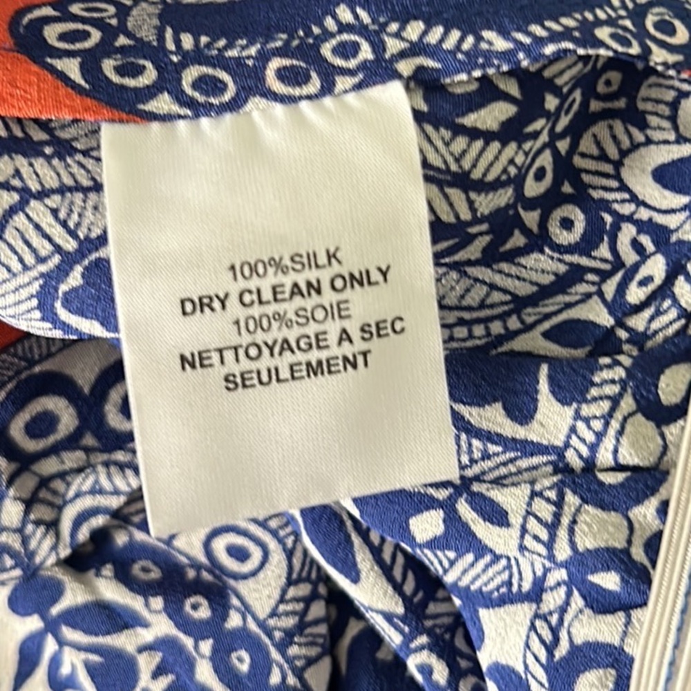 Trina Turk Silk Navy Blue & Orange Paisley Printed Cutout Ruffle Blouse - S - Picture 10 of 11